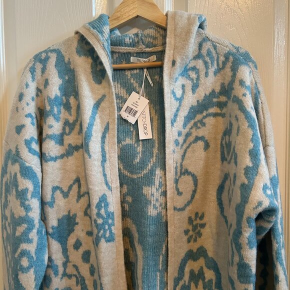 NWT Stitchdrop Cardigan Hoodie Long Open Front Sweater Cream/Blue Pattern SZM - Picture 7 of 10